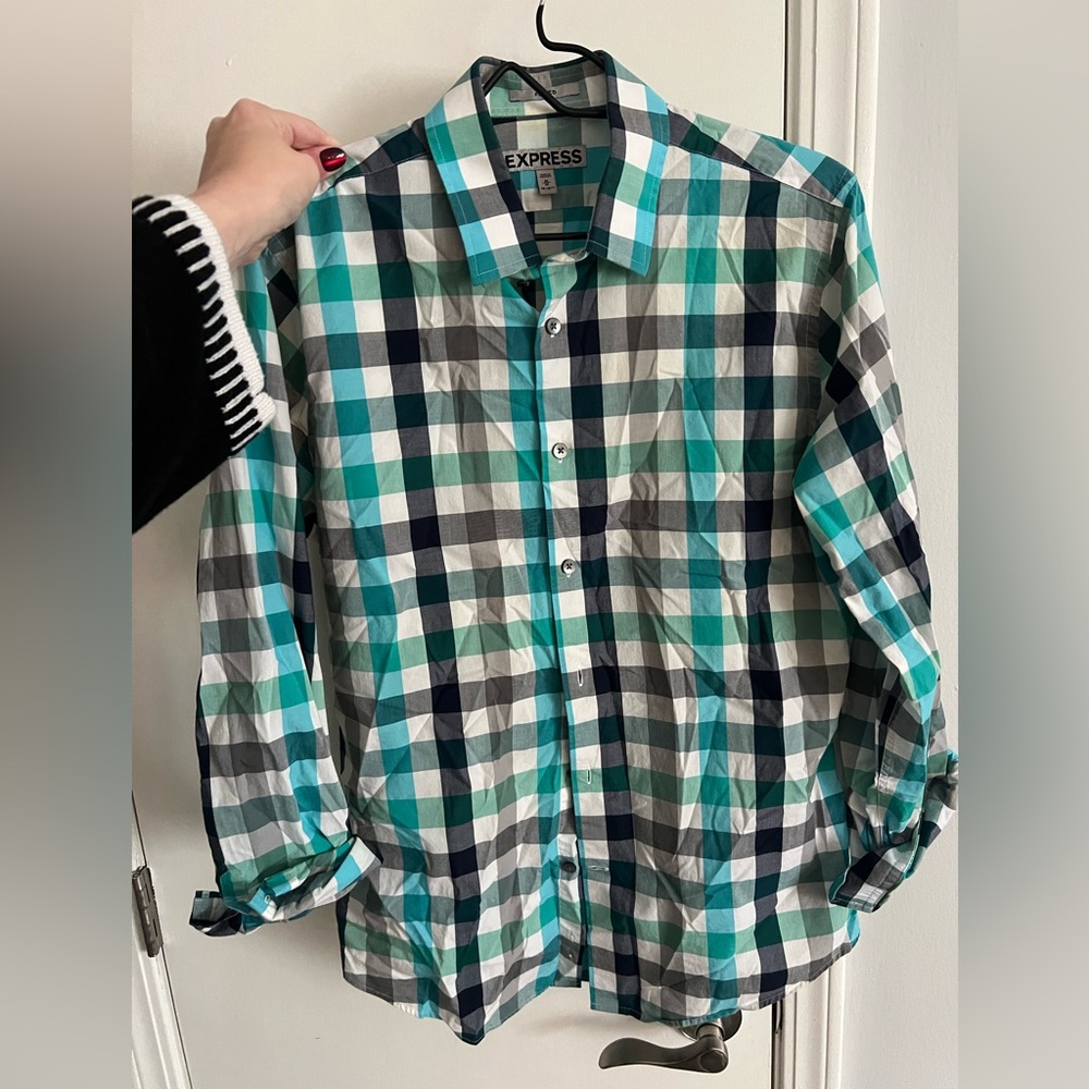 Express Men’s Teal and Navy Plaid Button-Down Shirt